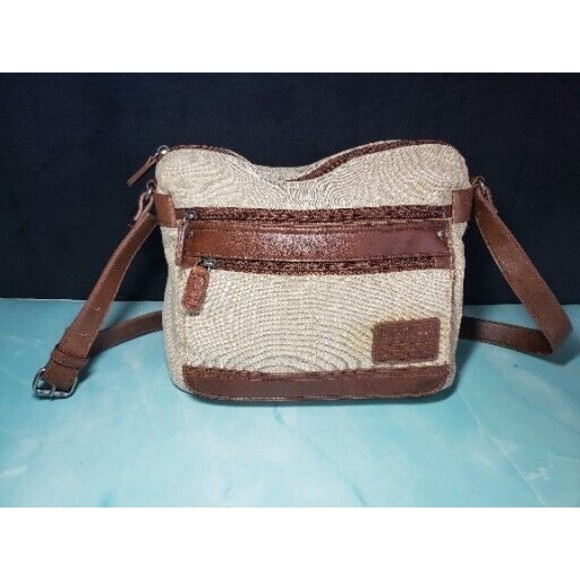 Relic Shoulder Bag Beige Fabric Chocolate Brown Faux Leather Trim - Picture 1 of 7